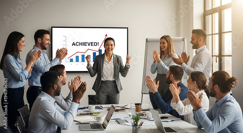 Team Recognition for Success: A woman in a suit stands confidently in front of a screen displaying a graph with ACHIEVED! written on it.