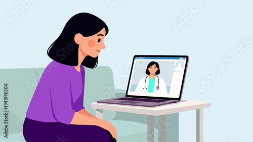 Woman have online medical consultation laptop