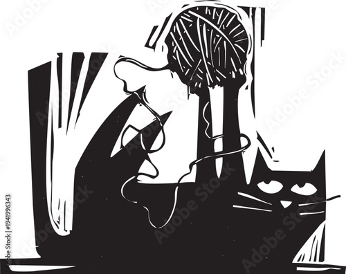Woodcut style cat playing with a ball of yarn