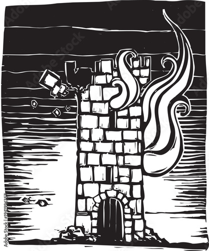 Woodcut style image of a fantasy tower burning and falling down,