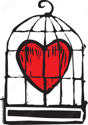 Woodcut style image of a heart in a birdcage