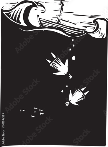 Woodcut style image of two people  fall-ng off a boat and sinking in deep water