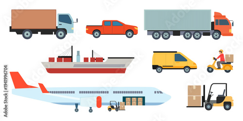 Logistics vehicle set with Container Truck, Van, Forklift, Plane and Ship. Transportation collection.