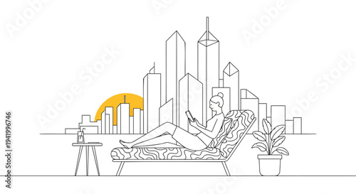 Vector illustration of a woman relaxing on a lounge chair with cityscape background