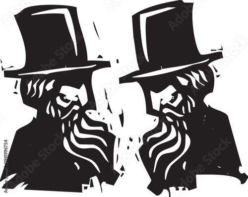 Woodcut style image of two men in top hats talking 