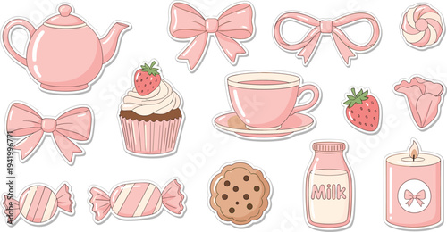 Pastel Pink Bakery Items in Flat Design with Soft Color Palette on White Background for Stationery