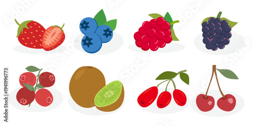 Berries and small fruits set with Strawberry, Blueberry, Raspberry and Cherry.