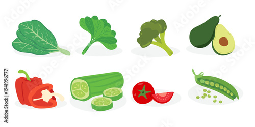 Vegetables and greens set with Kale, Spinach, Broccoli and Avocado. Fresh organic food collection.