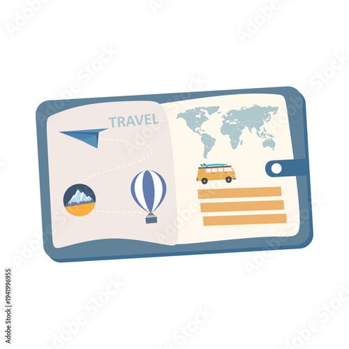 Vintage travel journal with leather cover and adventure accessories