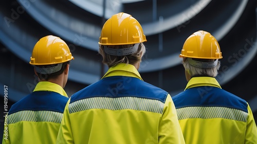 Wallpaper Mural Three workers wearing yellow hard hats and reflective vests, facing away from the camera Torontodigital.ca