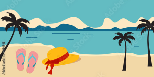 Summer travel set with straw hat palm tree and flip flops elements