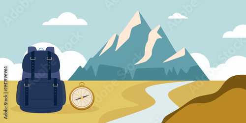 Modern hiking backpack and mountain peak adventure set elements