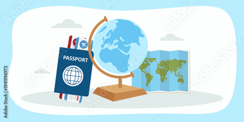 Travel planning set with passport world map and standing globe