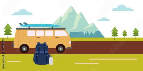 Camper van road trip to snowy mountain peak adventure landscape