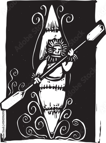 Woodcut style image of an Inuit person in a kayak