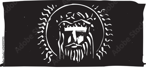 Woodcut style bust of Jesus with a thorn crown. 