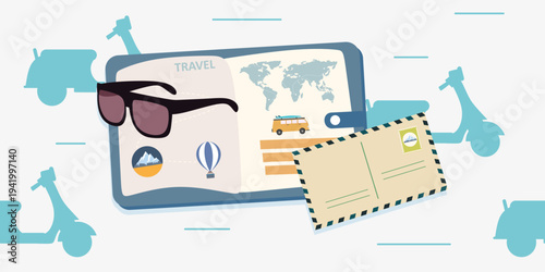 Writing city holiday memories with open travel journal and sunglasses