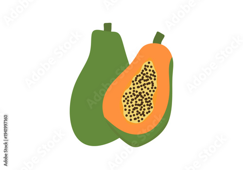 Flat Illustration of Tropical Papaya, Exotic Fruits Vector Design
