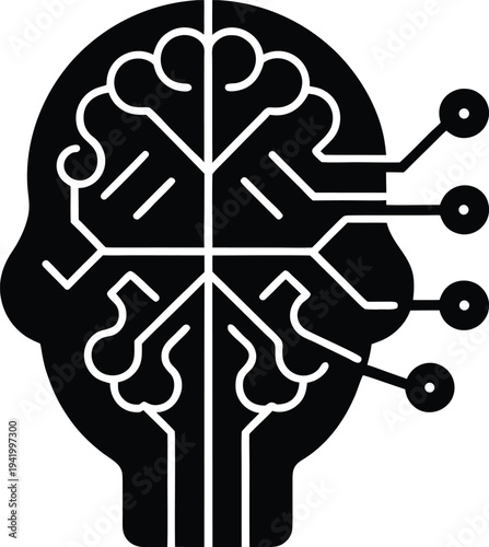 Artificial Intelligence Human Brain Circuit Silhouette Icon