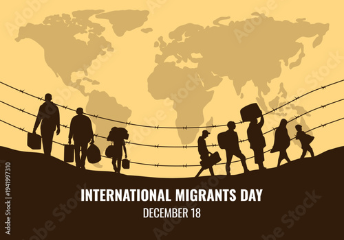 International Migrants Day Banner with World Map and People Leaving with Bags
