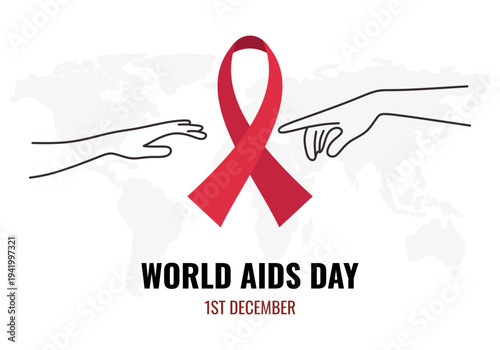 World AIDS Day Banner with Red Ribbon and Two Hands Illustration