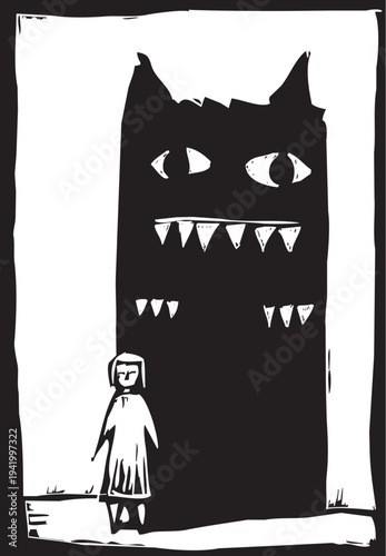 Woodcut simple image of a monster stalking a little girl.