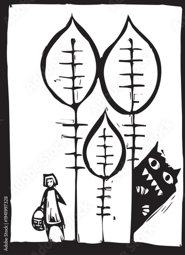 Woodcut simple image of a monster stalking a little girl.