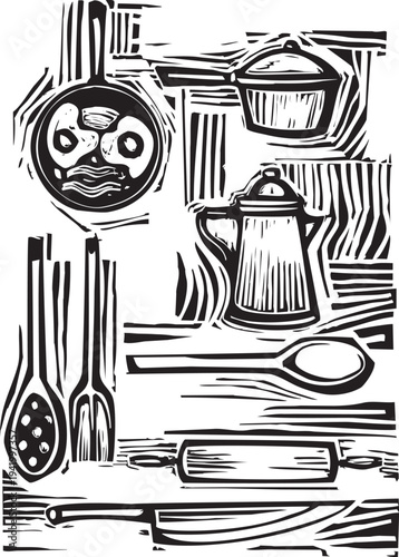 Woodcut kitchen set with pan coffee pot and utensils