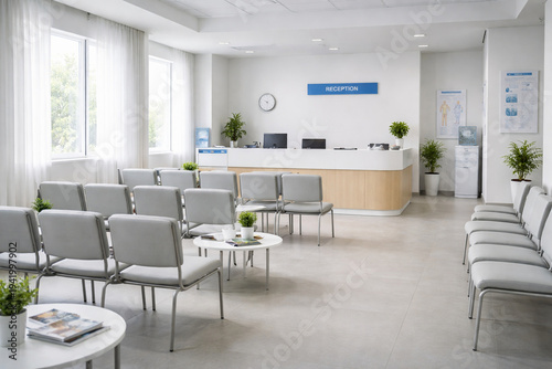 Modern hospital reception area with waiting chairs and front desk. Clean medical clinic interior representing healthcare services, patient registration and professional hospital environment.