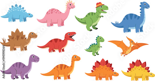 Cute Cartoon Dinosaur Collection with Colorful Prehistoric Animals Including Stegosaurus, T Rex, Brachiosaurus, and Pterodactyl for Kids Education Vector Illustration Set