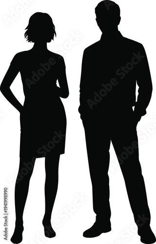 Silhouette of a professional business man and woman standing together in smart casual office attire for corporate partnership teamwork and leadership concepts