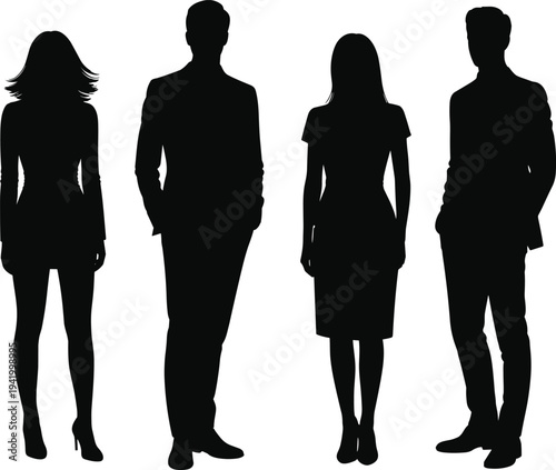 Group of professional business men and women silhouettes standing in formal office attire for corporate leadership teamwork successful partnership and recruitment agency concepts
