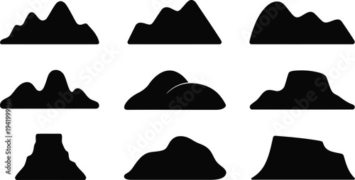 A collection of various black mountain silhouettes displayed on a clean white background