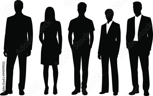 Silhouette of diverse professional business people standing in formal office wear and smart casual attire for corporate leadership team success and recruitment concepts