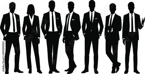 Silhouette of a Diverse Professional Business Team Featuring Six Men and One Woman in Formal Suits Standing Together Isolated on White Background