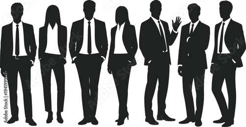 Group of professional business people silhouettes standing in formal office suits and corporate attire for team leadership, successful collaboration, and diversity recruitment concepts