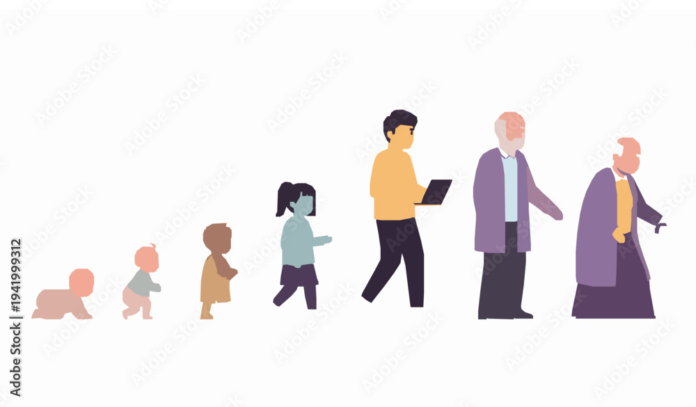 Fototapeta premium Human life stages from baby to elderly aging process people growth timeline flat vector illustration