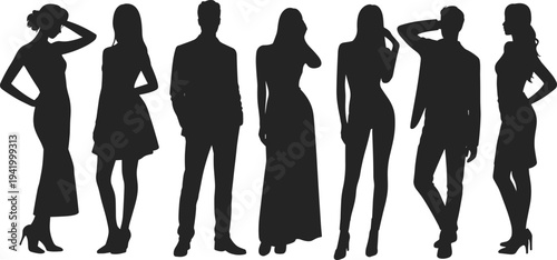 Black Silhouette Set of Diverse Fashionable Group Featuring Five Elegant Women and Two Men in Professional Business Suits Standing Isolated on White Background