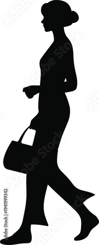 Full Length Side View Silhouette of a Confident Business Woman Walking with Handbag Wearing Professional Attire and a Stylish Bun on a White Background