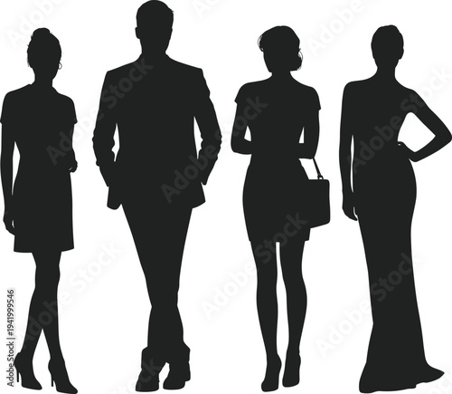 Full Length Black Silhouette of Diverse Professional Group Featuring a Man in a Suit and Three Women in Elegant Dresses Standing on White Background
