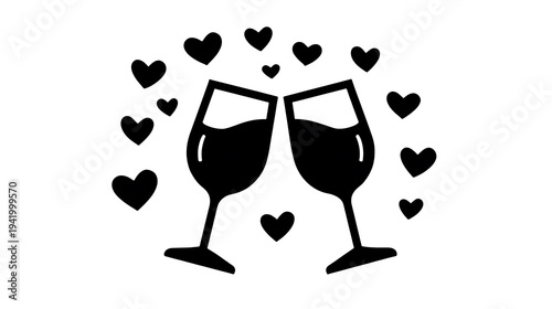 Two wine glasses clinking together, surrounded by hearts, symbolizing love and celebration