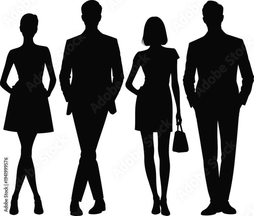 Silhouette of a Professional Fashion Group Featuring Two Men in Suits and Two Women in Stylish Outfits Standing Together on a White Background