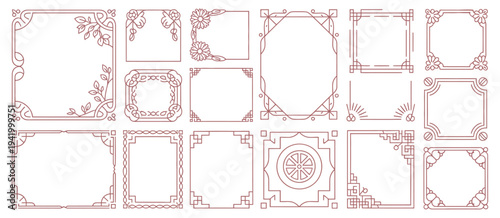 Asian borders, oriental frame set, decoration elements, graphic resource, design template, vector illustrations of traditional motifs for invitations, packaging, cultural projects, and decorative 