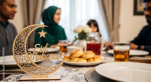 Wallpaper Mural Eid Mubarak wooden crescent moon decoration on a family dinner table star Torontodigital.ca