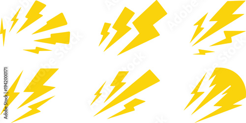 A collection of various yellow lightning bolt icons and symbols displayed on a clean white background