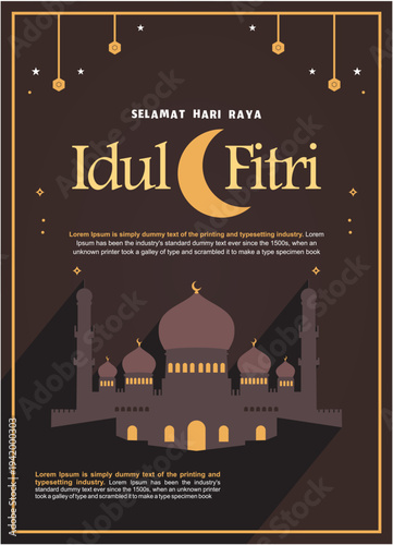 Elegant Eid Mubarak Greeting Card with Golden Crescent Moon and Mosque Silhouette on Dark Background