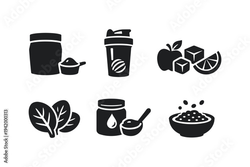 Healthy lifestyle icons: protein powder, shaker, fruits, greens, and supplements