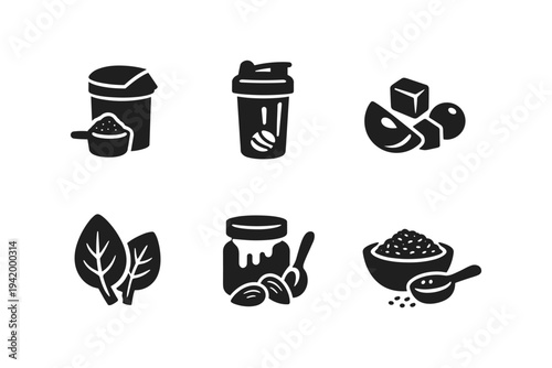 Healthy food ingredients and supplements icons for fitness and nutrition