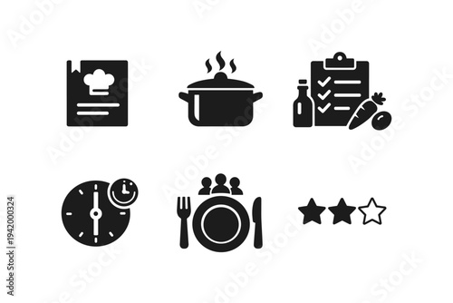 Collection of cooking and dining icons representing recipes, food, and service