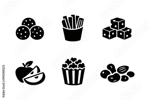 Collection of popular snack icons including popcorn, fries, cheese, cookies, apple, and nuts